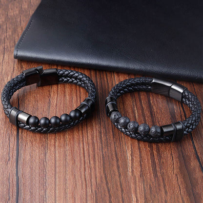 Buddhist Blessing Lava Rock Frosted Stone Healing Leather Magnetic Buckle Bracelet