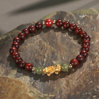 Buddhist Blessing 999 Sterling Silver Sandalwood Ebony Wood Small Leaf Red Sandalwood Hetian Jade Cinnabar PiXiu Wealth Bracelet