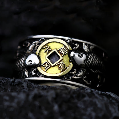 Buddhist Blessing Adjustable Opening 925 Sterling Silver Lucky Koi Fish Copper Coin Auspicious Clouds Wealth Ring