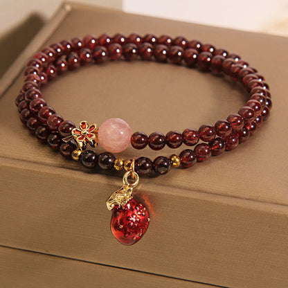 Buddhist Blessing Natural 3mm Ultra-thin Garnet Rose Quartz Beads Money Bag Bell Flower Protection Bracelet