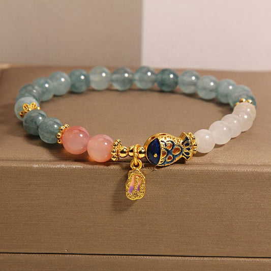Buddhist Blessing Jade Yanyuan Agate White Jade Koi Fish Scripture Charm Luck Bracelet