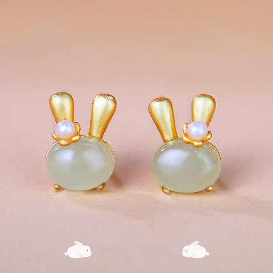 Buddhist Blessing 925 Sterling Silver Natural Hetian Jade Cute Rabbit Pearl Abundance Earrings