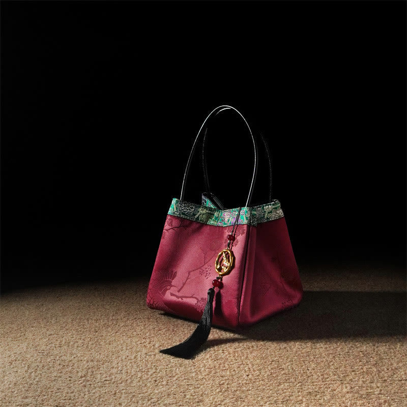 Buddhist Blessing Plum Flower Bamboo Branches Embroidery Tassel Xiangyunsha Silk Shoulder Bag Hangbags