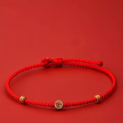 Buddhist Blessing Handmade Braided Red String 925 Sterling Silver Fu Character Luck Bracelet