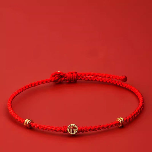 Buddhist Blessing Handmade Braided Red String 925 Sterling Silver Fu Character Luck Bracelet