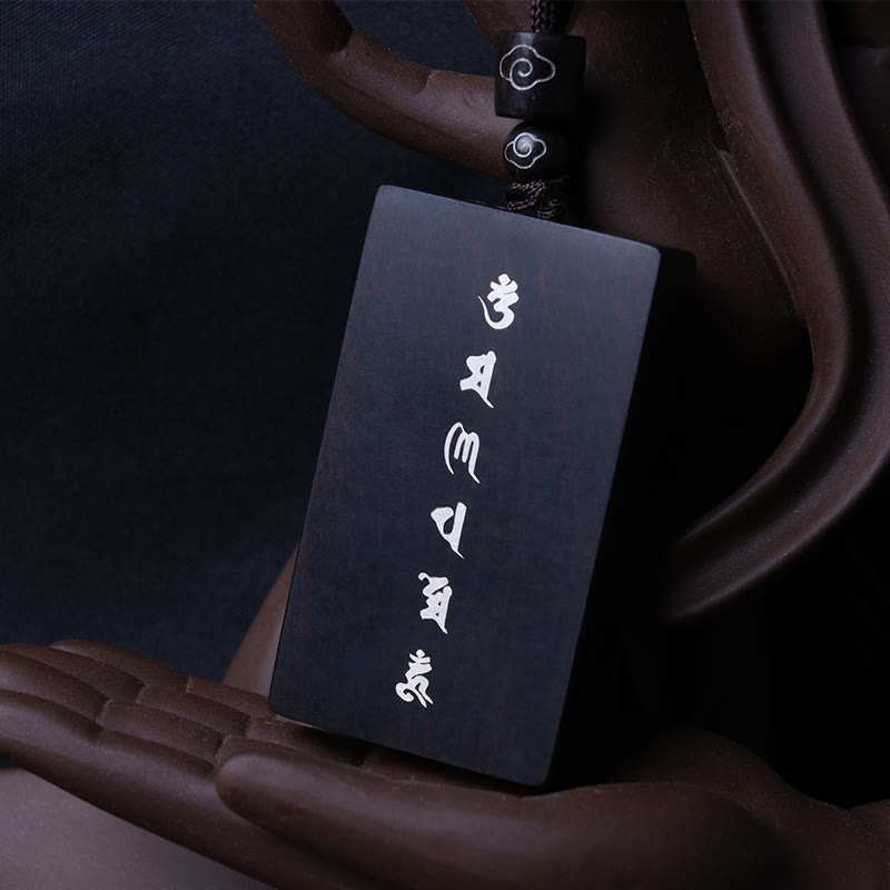 Buddhist Blessing 999 Sterling Silver Small Leaf Red Sandalwood Ebony Wood Om Mani Padme Hum Inlaid Protection Necklace Pendant