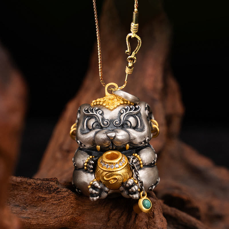 Buddhist Blessing 925 Sterling Silver Tibetan Treasure-spitting Rat Protection Necklace Pendant