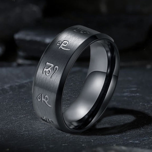 Buddhist Blessing Black Jambhala Mantra Titanium Steel Balance Ring