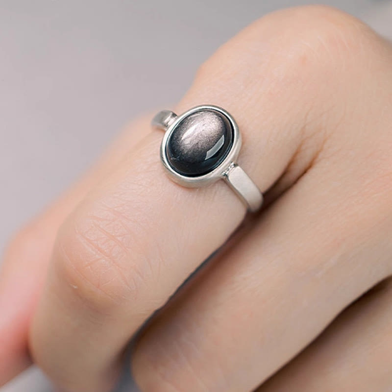 Buddhist Blessing Natural 925 Sterling Silver Silver Sheen Obsidian Adjustable Protection Ring