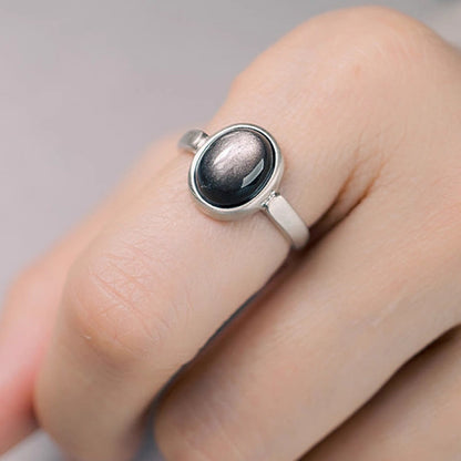 Buddhist Blessing Natural 925 Sterling Silver Silver Sheen Obsidian Adjustable Protection Ring