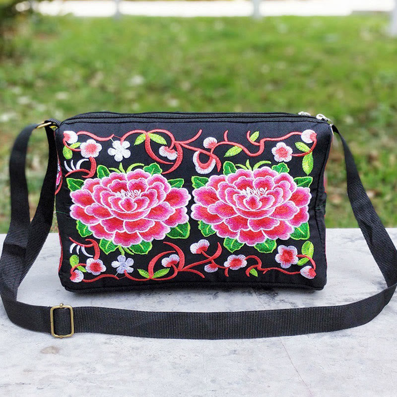 Buddhist Blessing Galsang Inula Flower Peony Peacock Double-Sided Embroidery Canvas Shopping Purse Handbag Crossbody Bag
