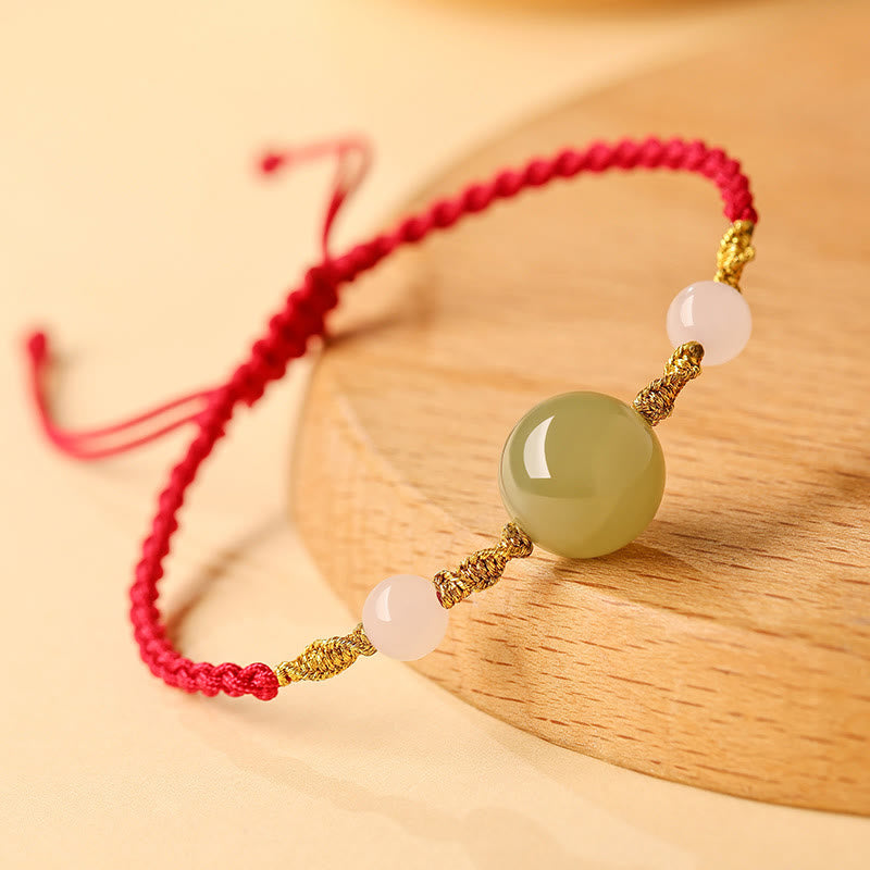 Buddhist Blessing Hetian Jade Black Onyx Red Agate Bead Luck Braided Bracelet