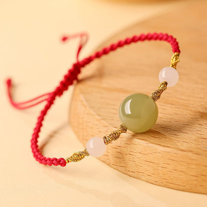 Buddhist Blessing Hetian Jade Black Onyx Red Agate Bead Luck Braided Bracelet