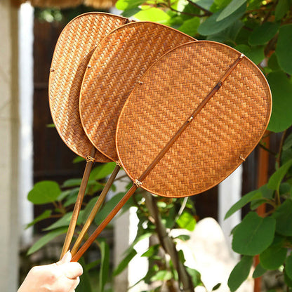 Buddhist Blessing Chinese Style Handmade Bamboo Woven Oval Round Banana Conical Shape Long Handle Fan