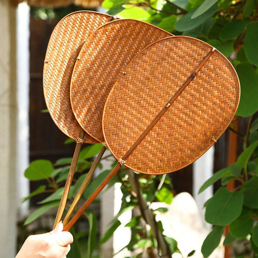 Buddhist Blessing Chinese Style Handmade Bamboo Woven Oval Round Banana Conical Shape Long Handle Fan