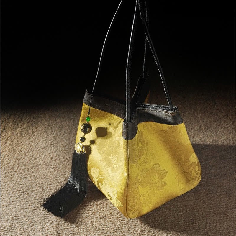 Buddhist Blessing Retro Flower Butterfly Bird Embroidery Bead Tassel Mulberry Silk Jacquard Xiangyunsha Silk Shoulder Bag Hangbags