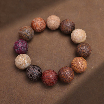 Buddhist Blessing Carving Sandalwood Chinese Zodiac Auspicious Dragon Phoenix Fu Character Healing Bracelet
