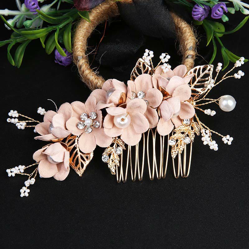 Buddhist Blessing 4Pcs Handmade Wedding Golden Leaf Flower Pearl Hairpin Hair Comb Set