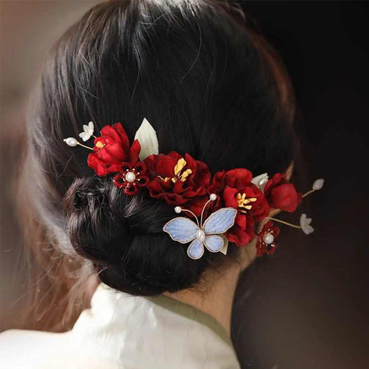 Buddhist Blessing Chinese Wedding Red Flower Butterfly Hair Clip