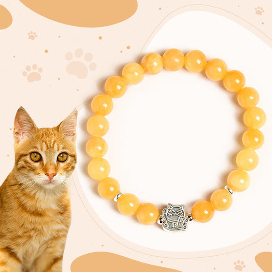 Buddhist Blessing 925 Sterling Silver Orange Tabby Cat Yellow Chalcedony Positivity Bracelet
