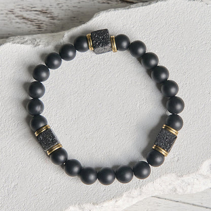 Buddhist Blessing Natural Frosted Black Onyx Square Lava Rock Fortune Bracelet
