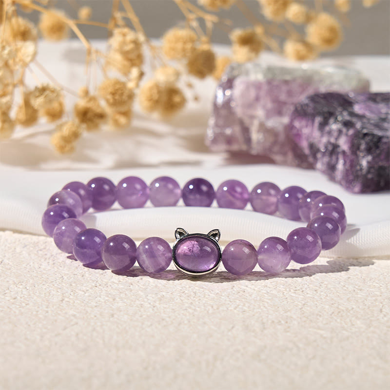 Buddhist Blessing Natural Amethyst Bead Cute Cat Healing Bracelet