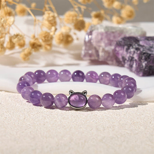 Buddhist Blessing Natural Amethyst Bead Cute Cat Healing Bracelet