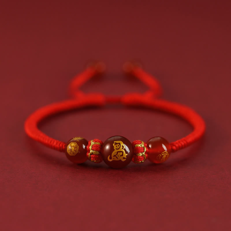 Buddhist Blessing Handmade Red Agate Chinese Zodiac Red String Braided Protection Bracelet