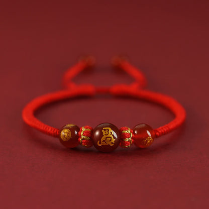 Buddhist Blessing Handmade Red Agate Chinese Zodiac Red String Braided Protection Bracelet