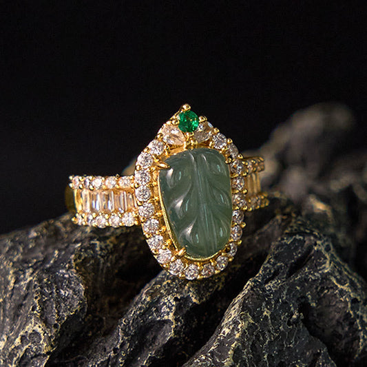 Buddhist Blessing Copper Plated Gold Natural Jade Leaf Full Diamond Luck Adjustable Ring