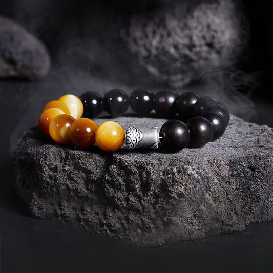 Buddhist Blessing 999 Sterling Silver Ebony Tiger Eye Black Obsidian Relax Bracelet