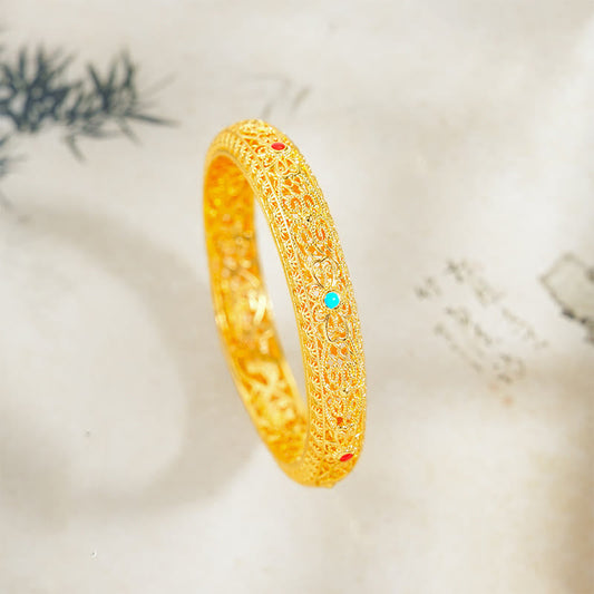 Buddhist Blessing Copper Plated Gold Flowers Vine Pattern Luck Bracelet Bangle 2.44 IN (62 MM)