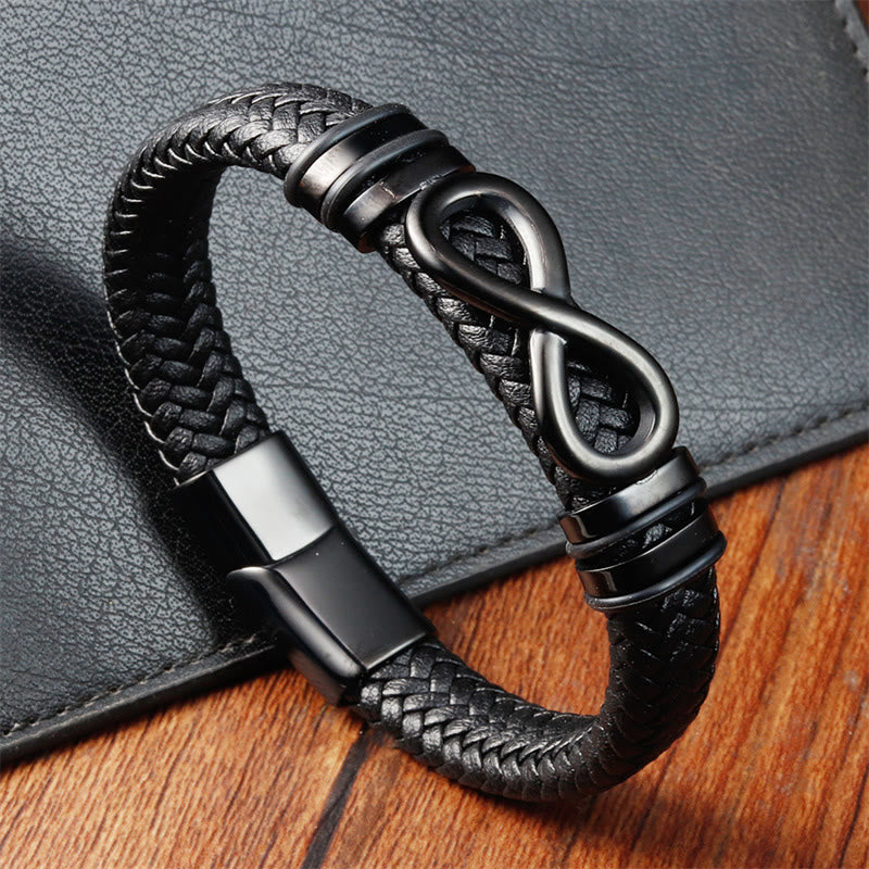 Buddhist Blessing Endless Knot Design Titanium Steel Strengthen Braided Leather Buckle Bracelet