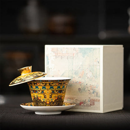Buddhist Blessing Thangka Dragon Buddhas Dunhuang Ceramic Gaiwan Sancai Kung Fu Tea Cup And Saucer With Lid Gift Box 180ml