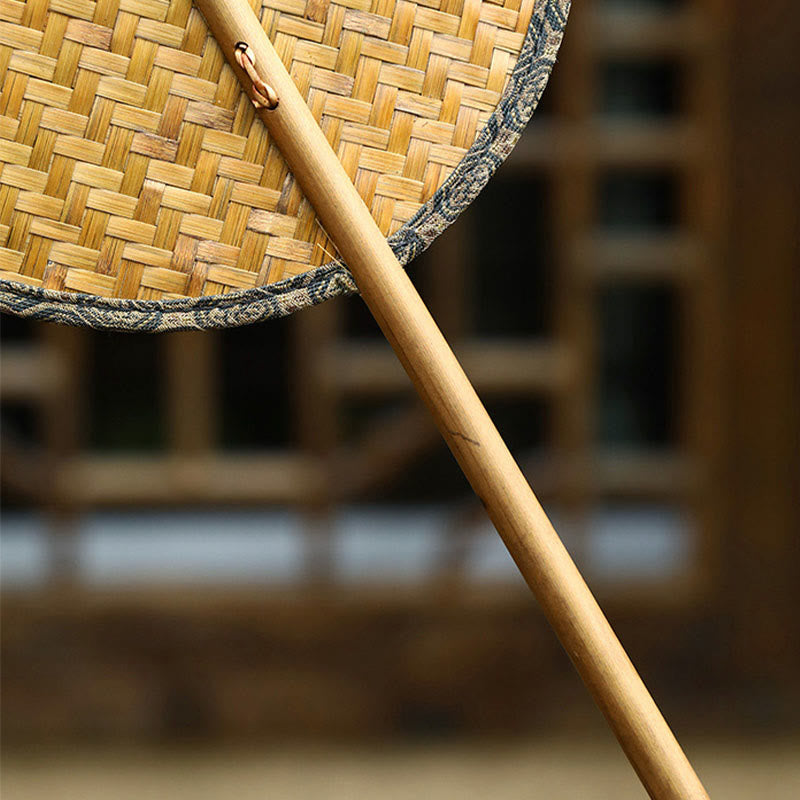 Buddhist Blessing Summer Retro Chinese Style Handmade Bamboo Woven Round Banana Shape Long Handle Fan