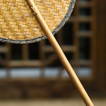Buddhist Blessing Summer Retro Chinese Style Handmade Bamboo Woven Round Banana Shape Long Handle Fan