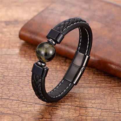 Buddhist Blessing Lazurite Black Onyx Tiger Eye Lava Rock Om Mani Padme Hum Serenity Leather Bracelet