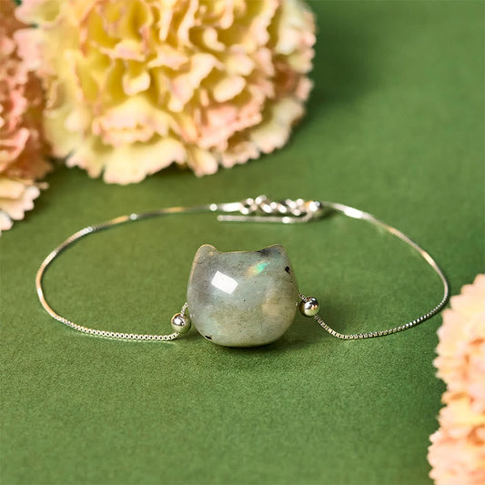 Buddhist Blessing 925 Sterling Silver Faceless Cat Head Natural Labradorite Healing Bracelet