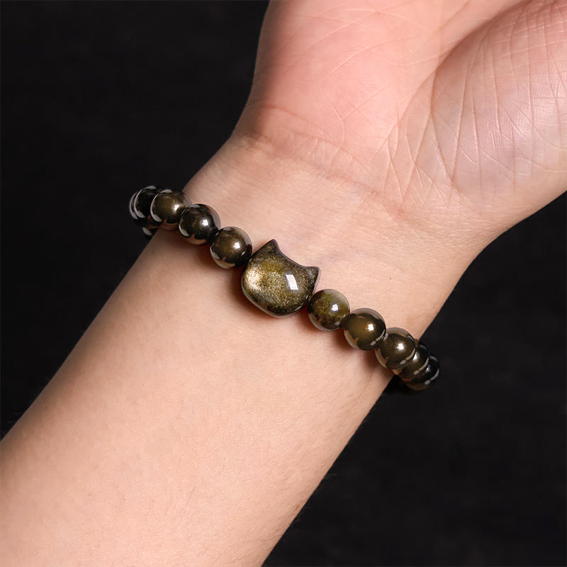 Buddhist Blessing Gold Sheen Obsidian Silver Sheen Obsidian Lovely Paw Lucky Cat Protection Bracelet
