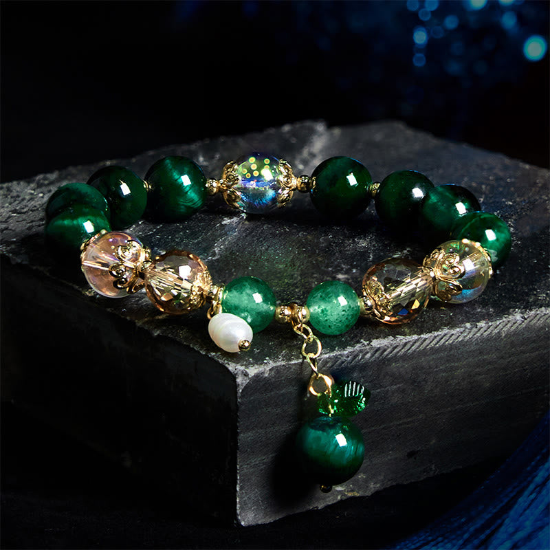 Buddhist Blessing Natural Green Tiger Eye Beads Green Leaf Positive Bracelet