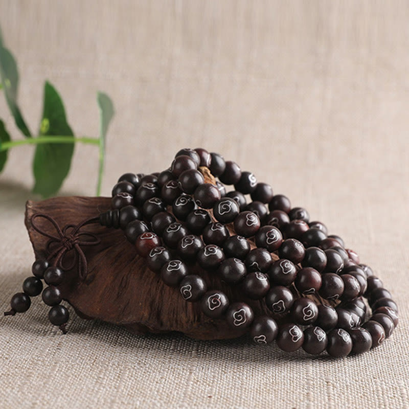 Buddhist Blessing 925 Sterling Silver Inlaid Small Leaf Red Sandalwood Om Mani Padme Hum Character Auspicious Clouds Protection Bracelet