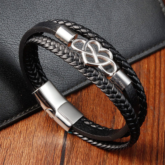 Buddhist Blessing Geometric Leather Titanium Steel Strengthen Buckle Bracelet