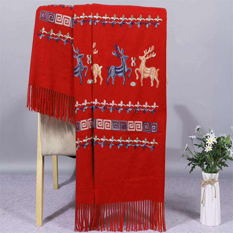 Buddhist Blessing Rayon Fabric Shawl Sika Deer Embroidery Tassel Winter Cozy Travel Scarf Wrap
