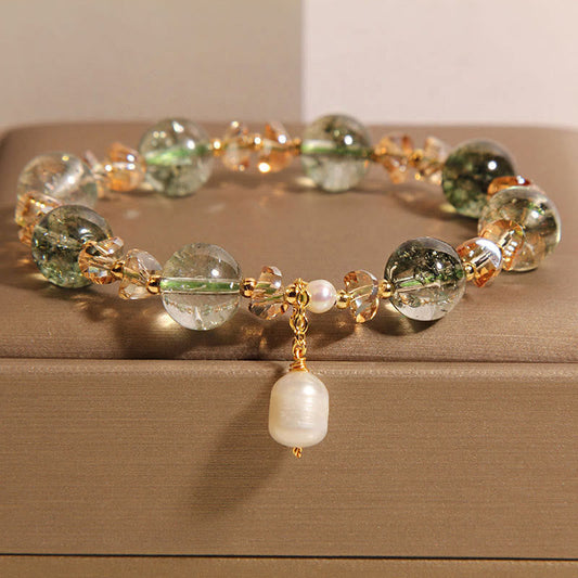 Buddhist Blessing Natural Green Phantom Pearl Gravel Crystal Stone Confidence Bracelet
