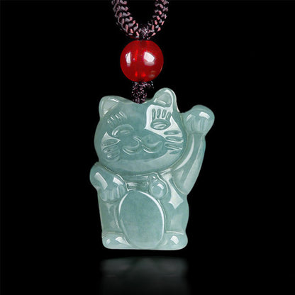 Buddhist Blessing Lucky Cat Jade Abundance Necklace Pendant