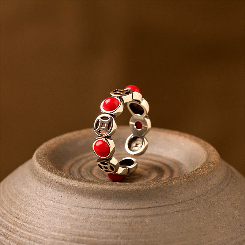 Buddhist Blessing Jade South Red Agate Copper Coin Prosperity Luck Open Ring