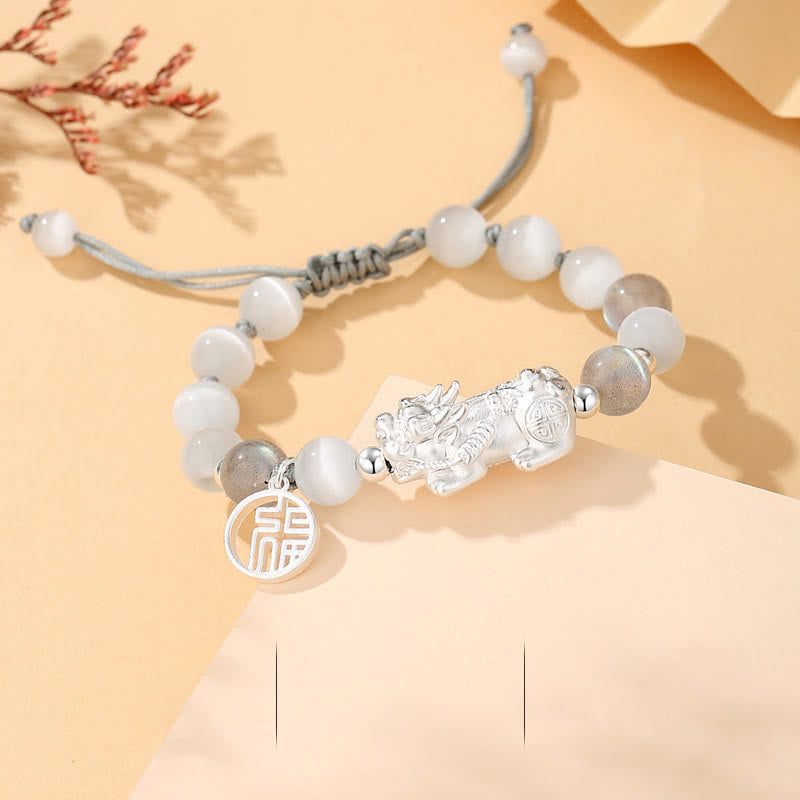 Buddhist Blessing Pi Xiu Six True Words 999 Sterling Silver Black Obsidian White Turquoise Chrysoberyl Luck Bracelet