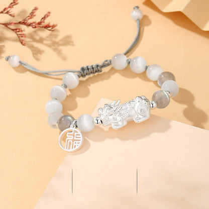 Buddhist Blessing Pi Xiu Six True Words 999 Sterling Silver Black Obsidian White Turquoise Chrysoberyl Luck Bracelet