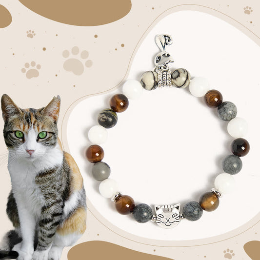 Buddhist Blessing Tricolor Cat Black Veined Jasper Brown Striped Agate Chalcedony Strength Bracelet
