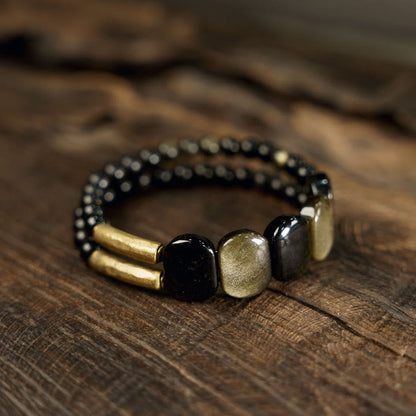 Buddhist Blessing Black Obsidian Gold Sheen Obsidian Strengthen Bracelet